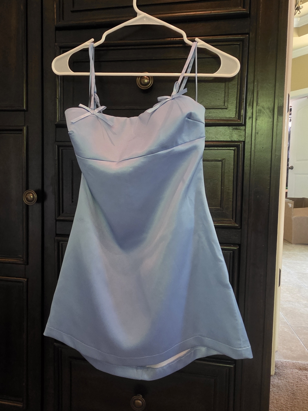 Altar'd State Pastel Blue Satin Mini Dress with Bow Straps